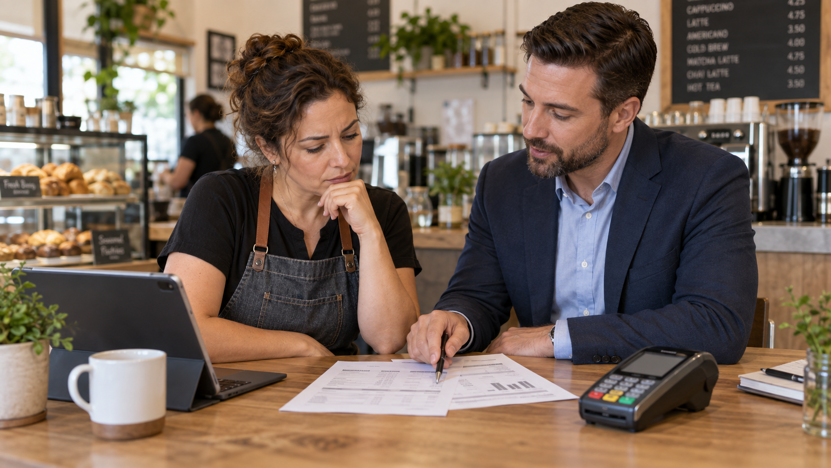 Business owner and consultant reviewing credit card processing costs