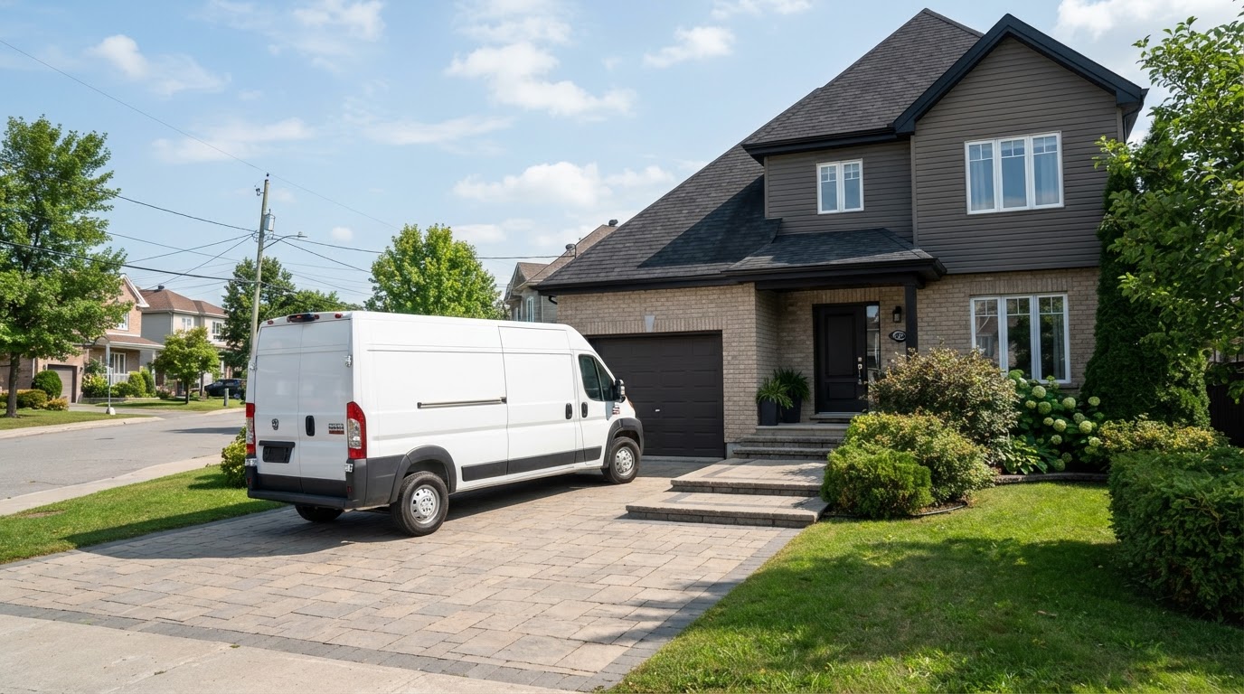 Camion de service d'un entrepreneur stationné devant une maison