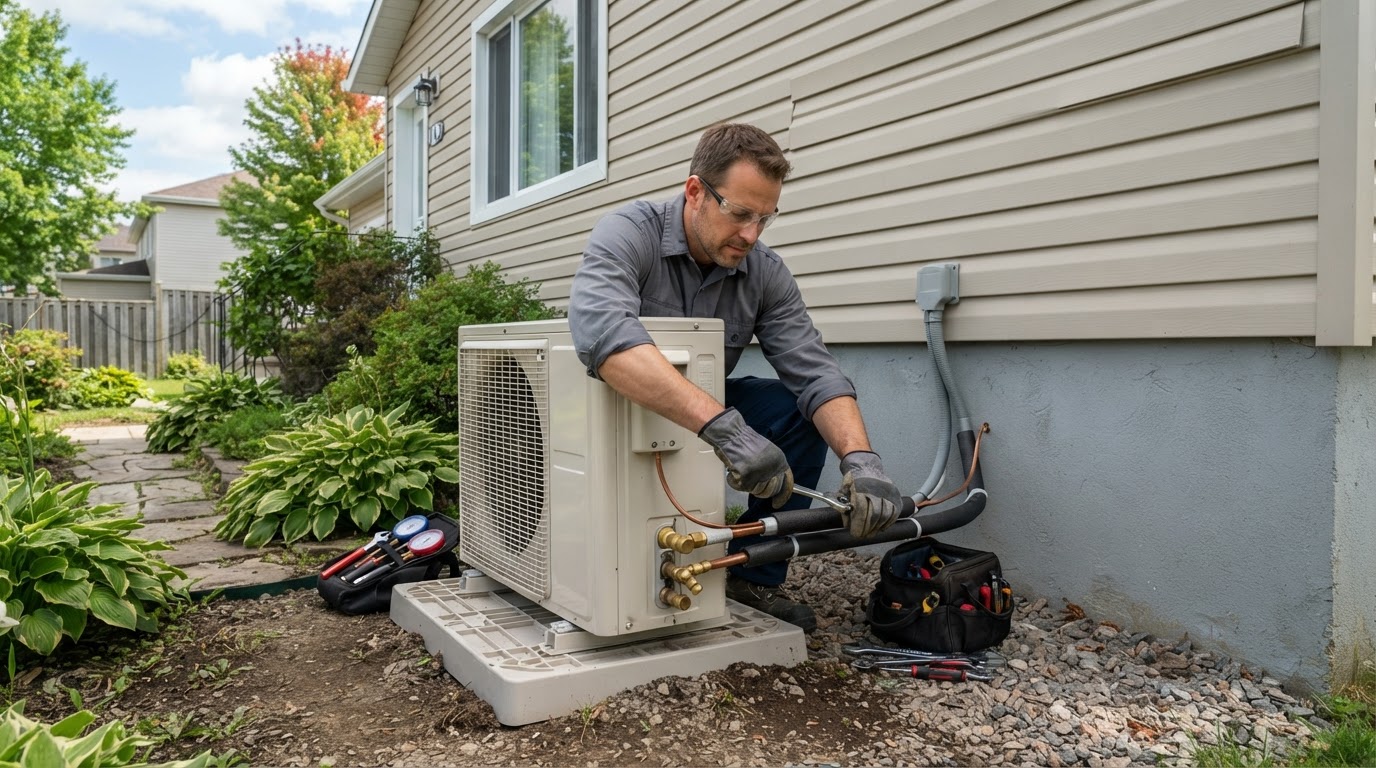 Technicien qui installe une thermopompe