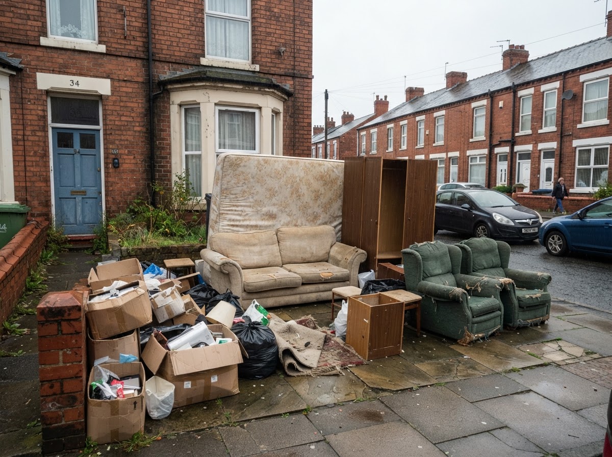 Household furniture and boxes stacked ready for removal during a move
