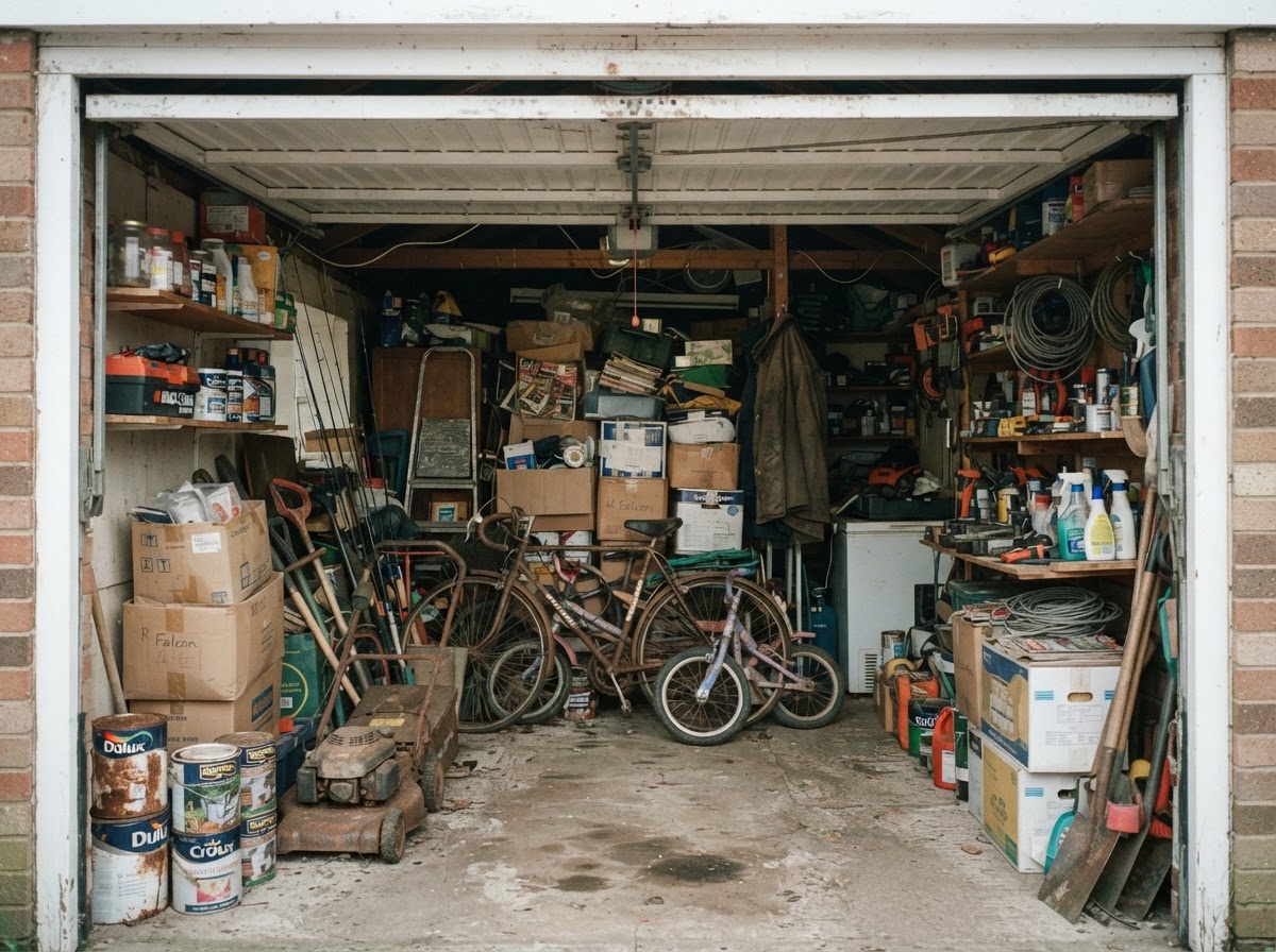 Cluttered British garage with tools and boxes before clearance