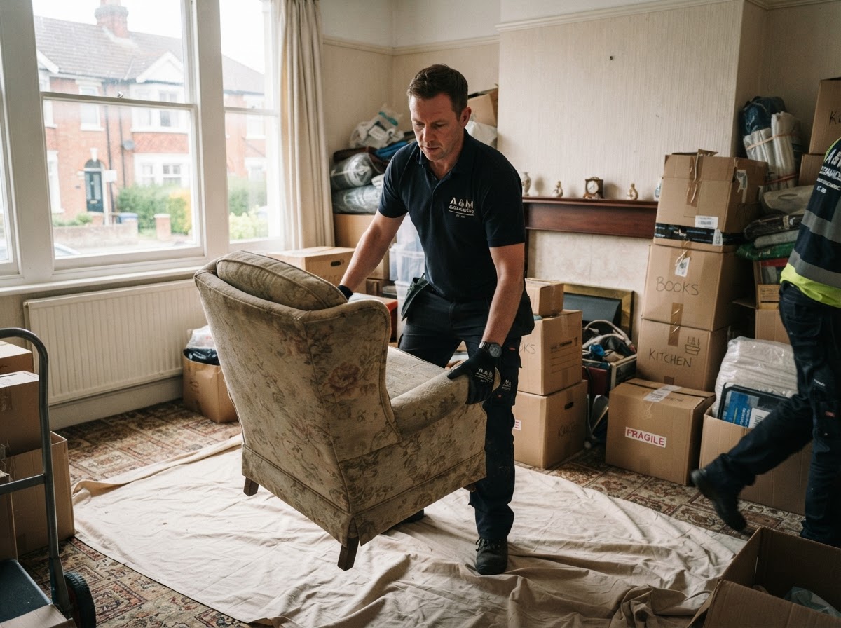 Clearance worker removing an unwanted armchair from a British home