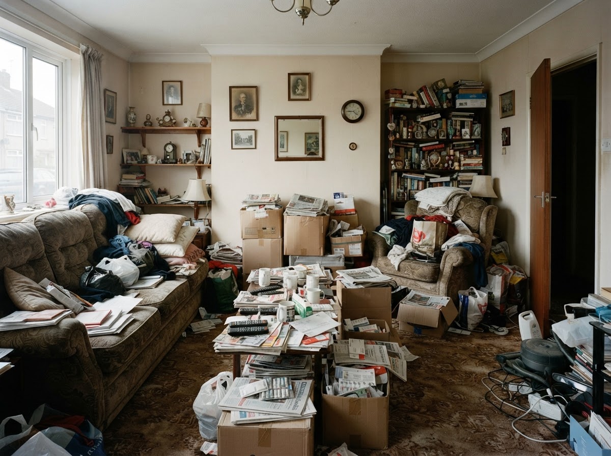Cluttered living room before a house clearance