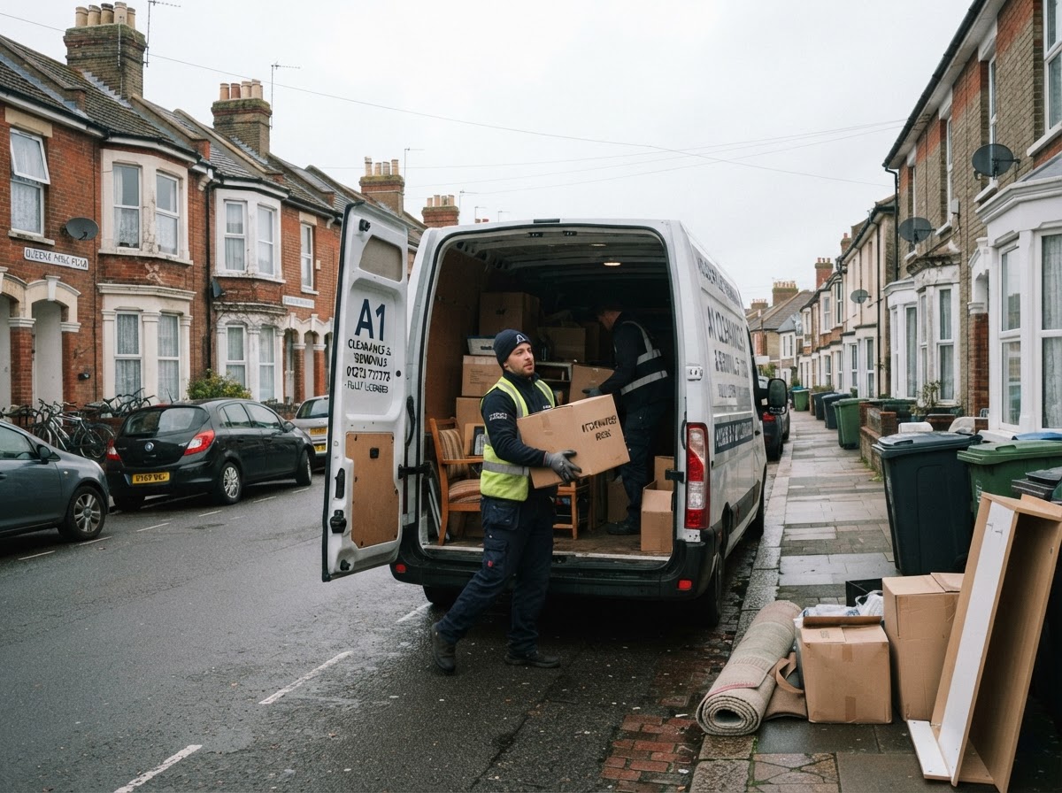 Clearance team loading furniture into a panel van on a residential street