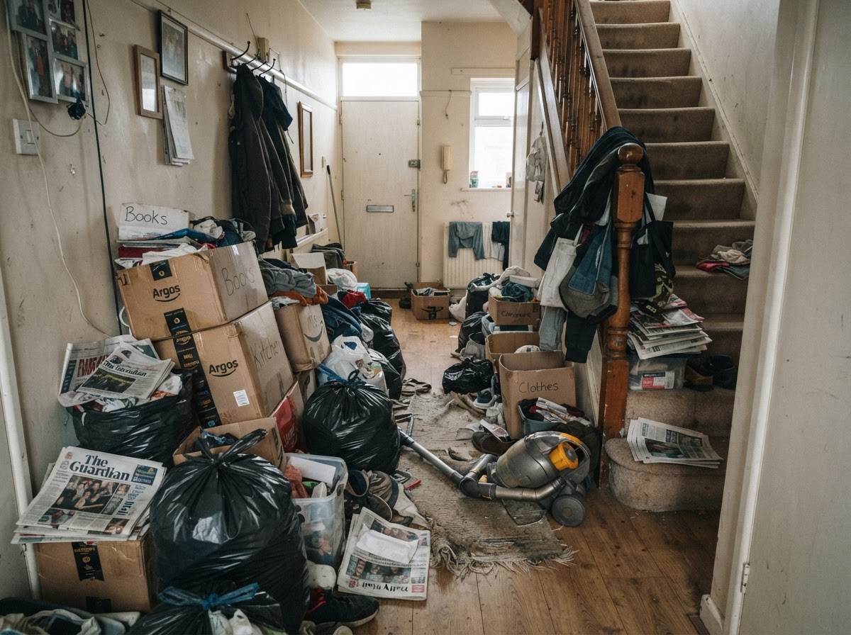 Accumulated household contents left in a rental property for clearance