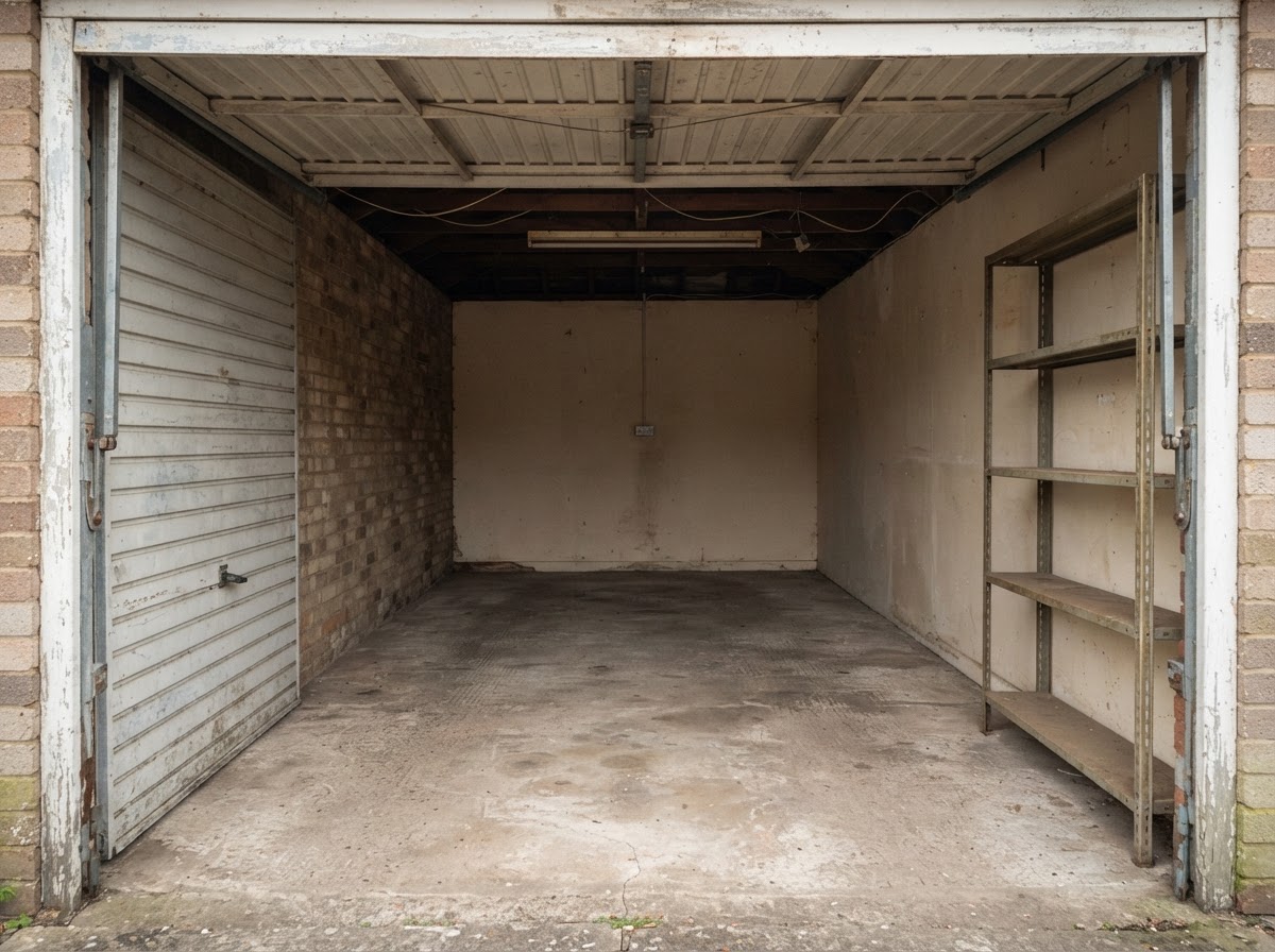 The same garage empty and swept after clearance