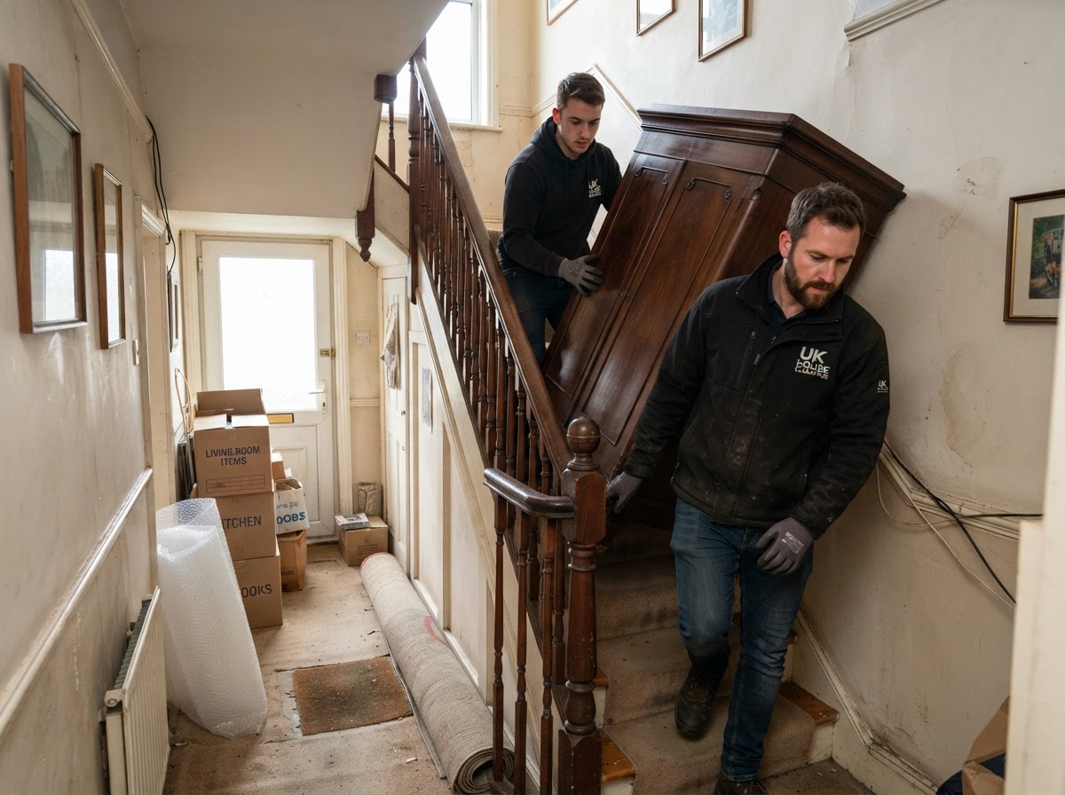 Two clearance workers carrying furniture down stairs