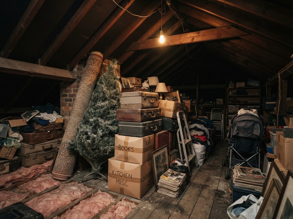 Cluttered British loft with stored boxes and suitcases before clearance