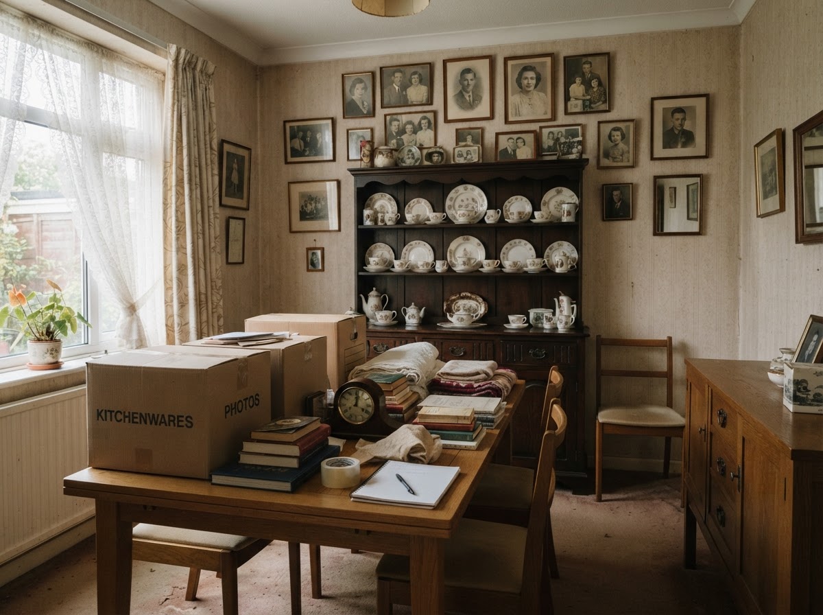 Inherited British property interior with family belongings awaiting clearance