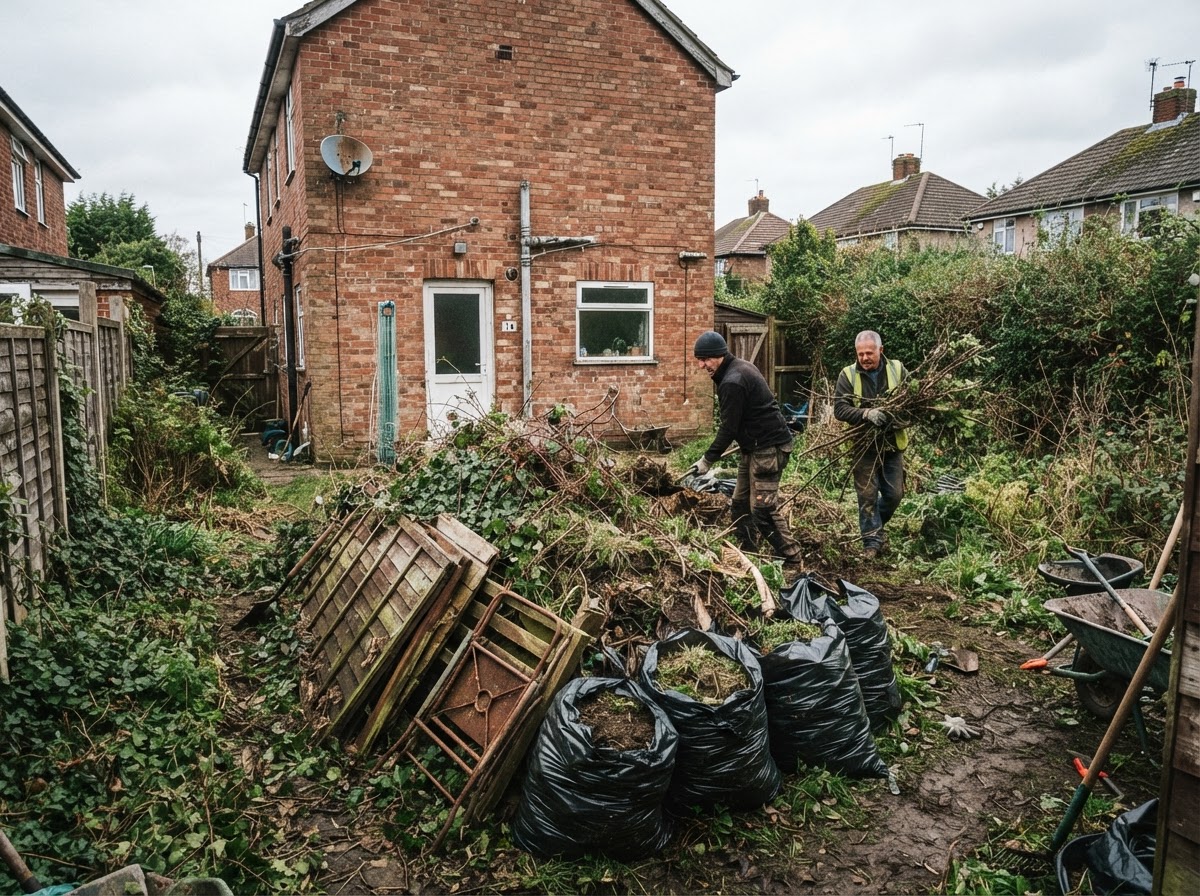 Garden clearance with cleared green waste and old fence panels
