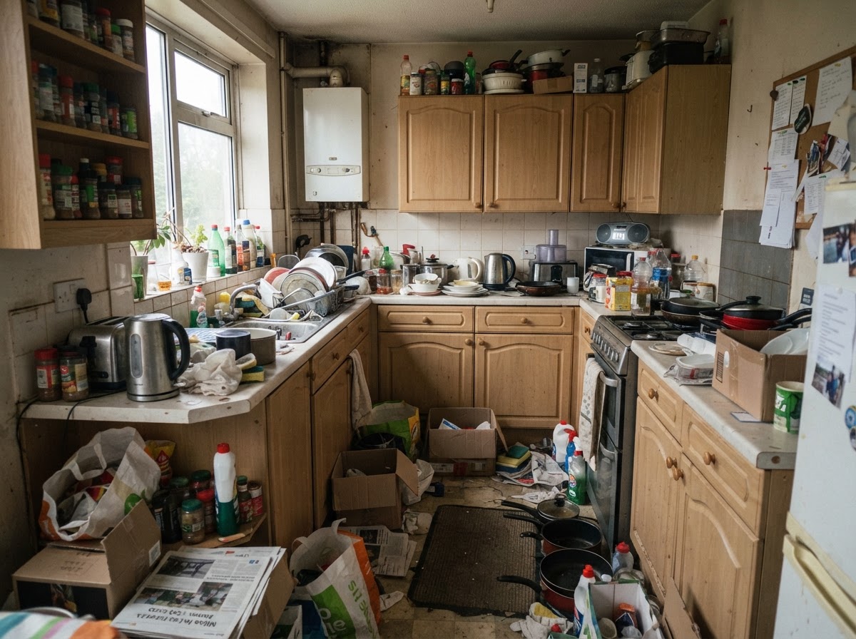 Cluttered kitchen worktops before clearance
