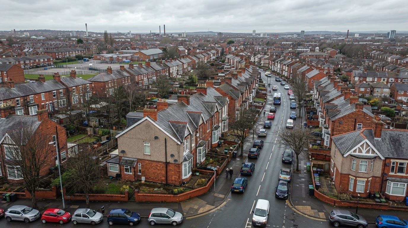 Residential street of red-brick terraced and semi-detached houses in Wolverhampton