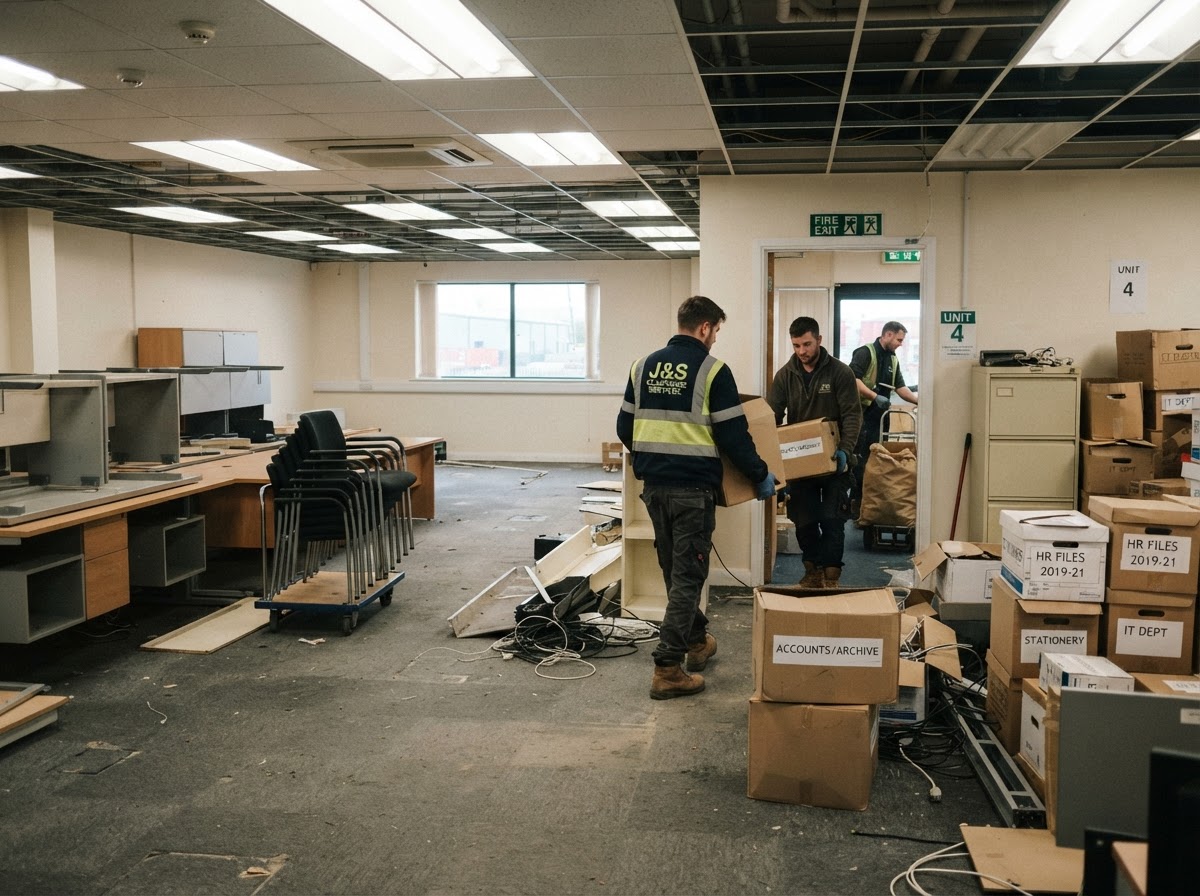 Office furniture and contents being cleared from commercial premises