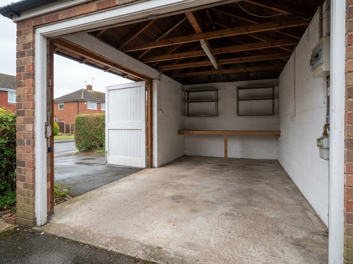 The same garage empty and swept after clearance