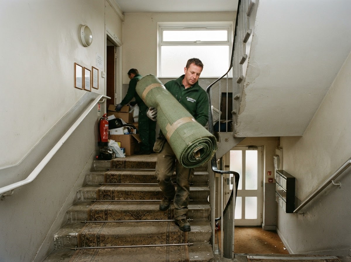 Worker carrying a rolled carpet down a communal staircase during a flat clearance