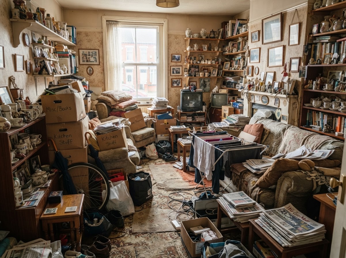Cluttered living room before a house clearance