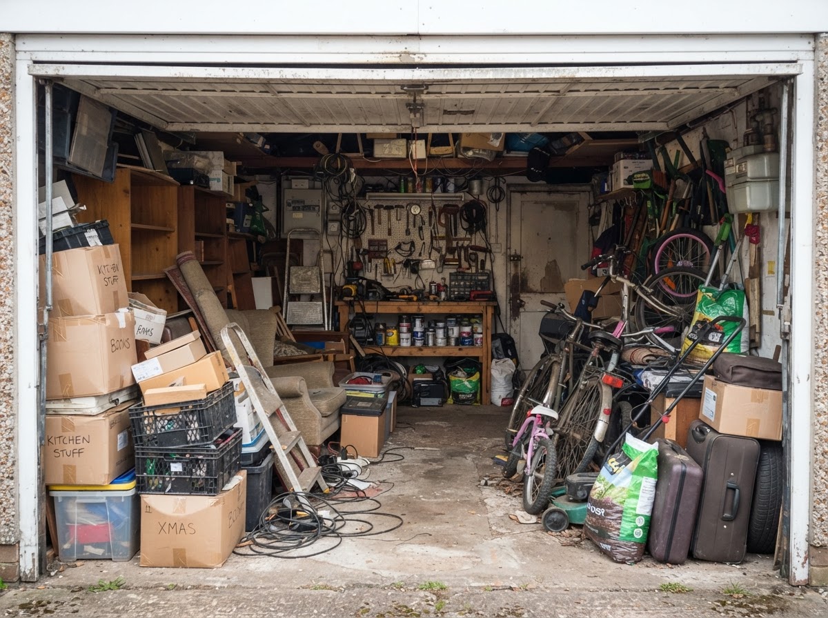 Garage full of boxes and stored items before clearance