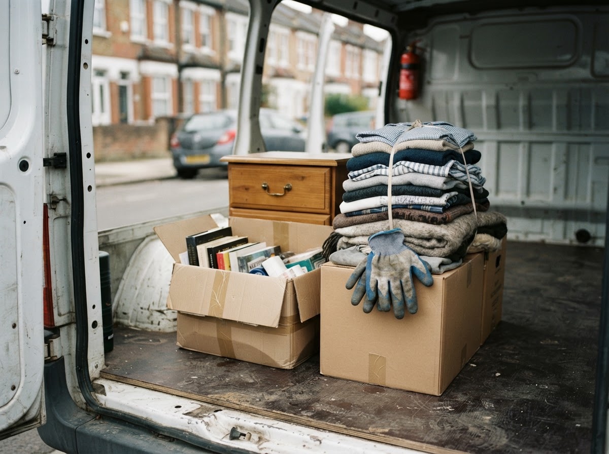 Sorted household items and furniture ready for responsible disposal and donation