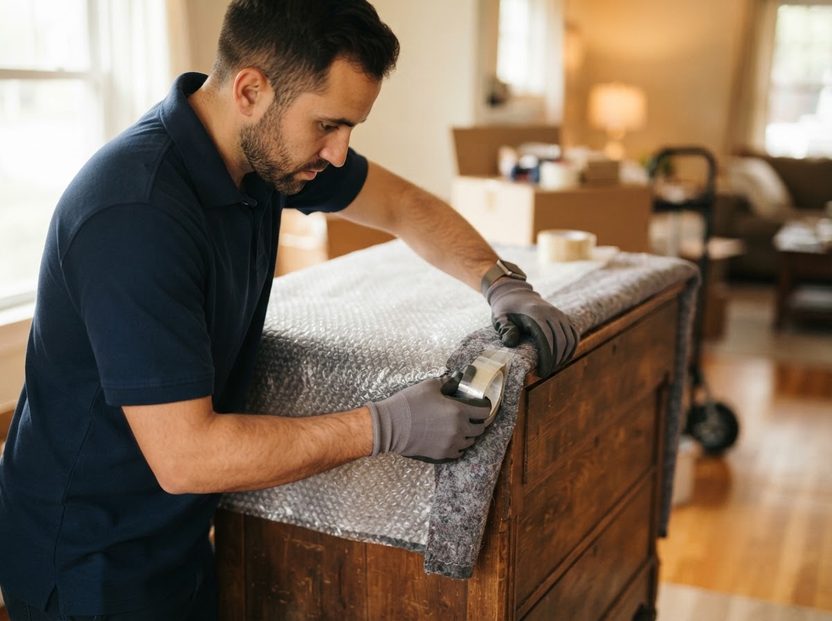 A mover wrapping furniture with protective blankets for a long-distance move