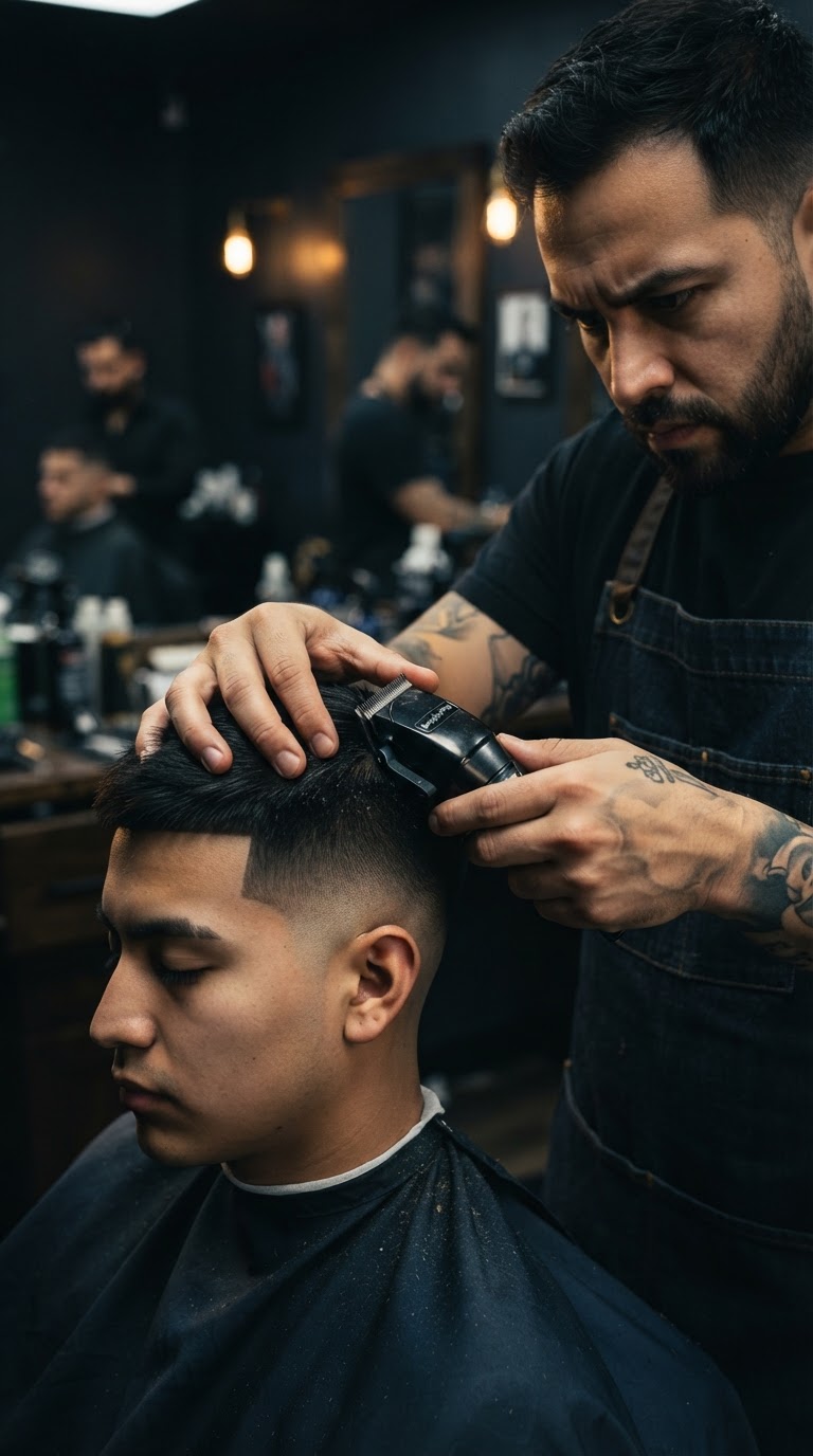 Barber focused on a skin fade in a dimly lit premium barbershop