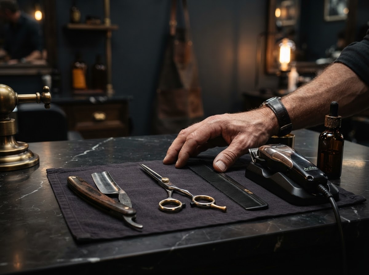 Barber tools on a dark counter