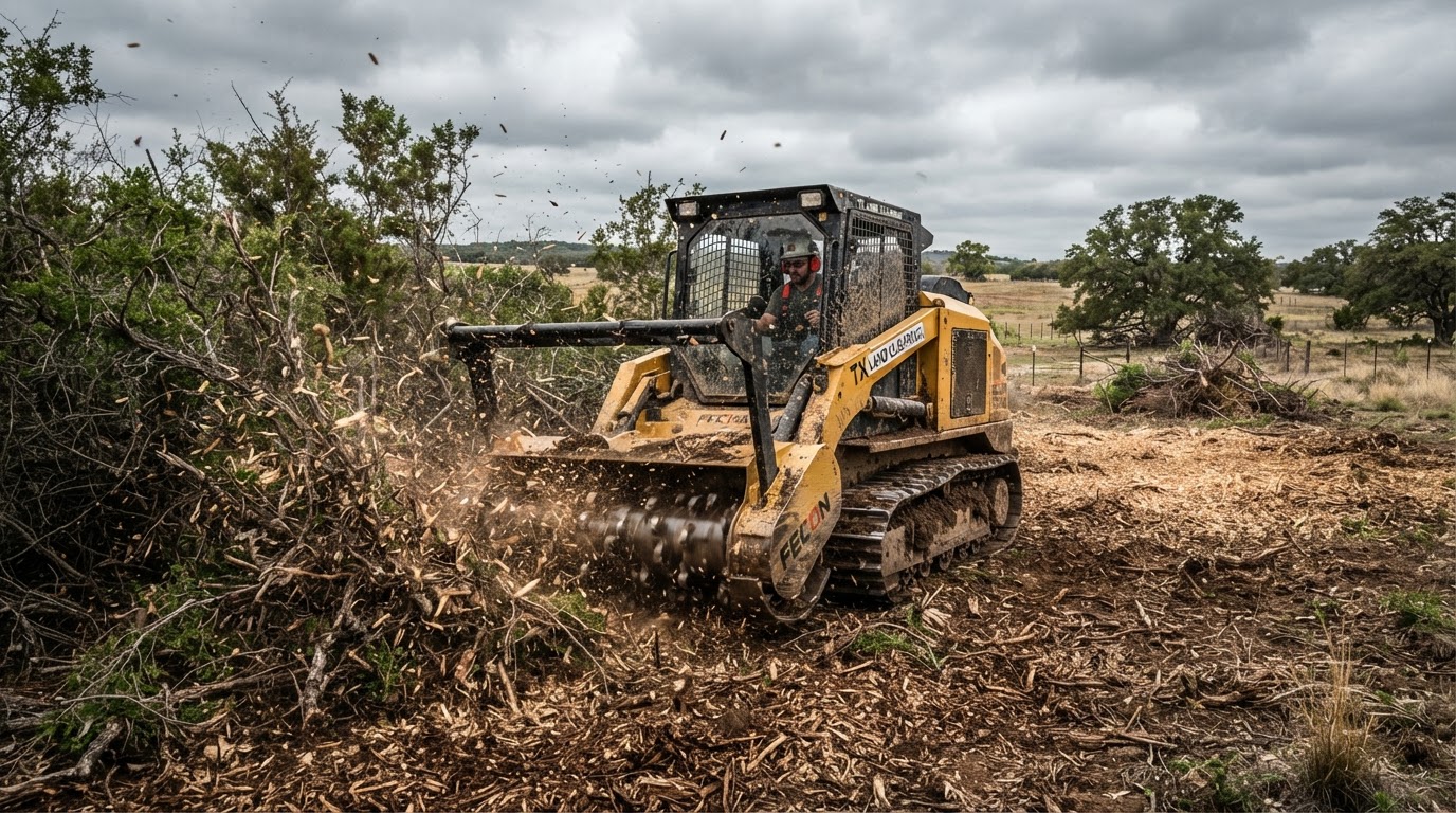 Forestry mulcher machine grinding brush and small trees into mulch on a rural Texas property