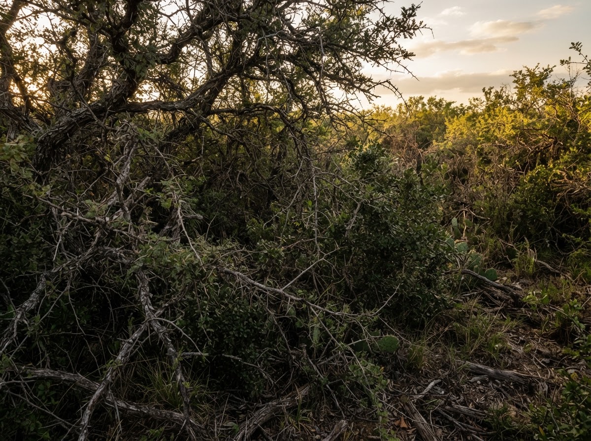 Dense overgrown mesquite and yaupon brush thicket on a rural Texas property before clearing