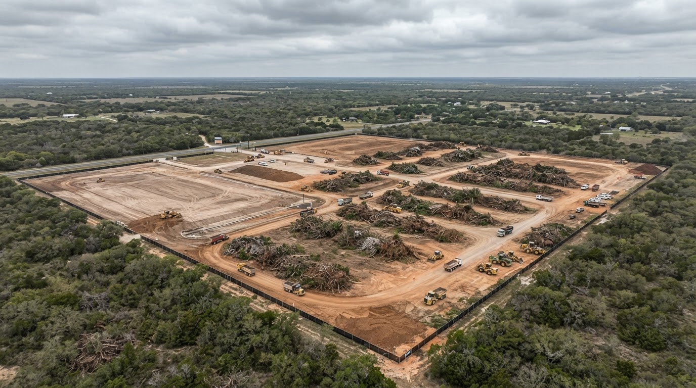 Aerial view of a large commercial acreage land clearing project in Texas