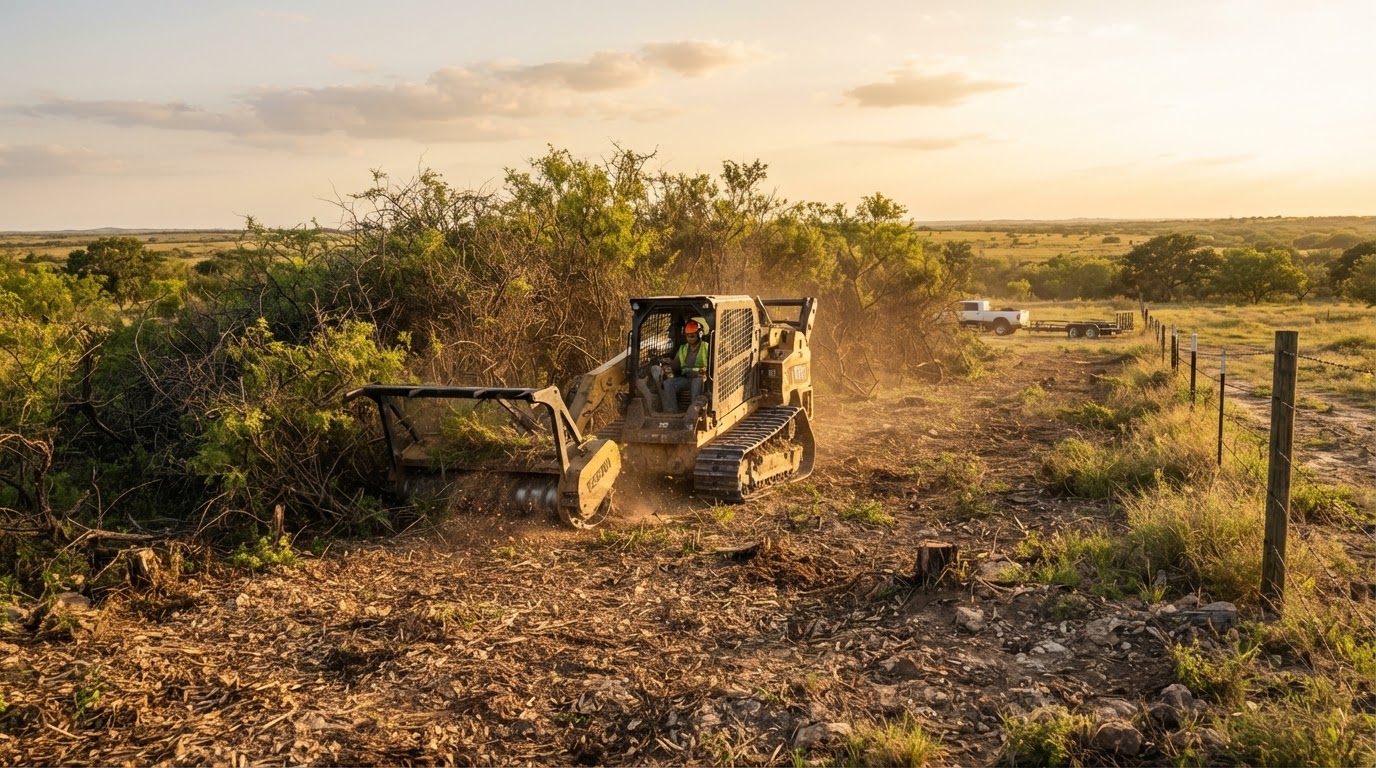 Heavy machinery clearing overgrown brush and mesquite on a Texas ranch near Victoria