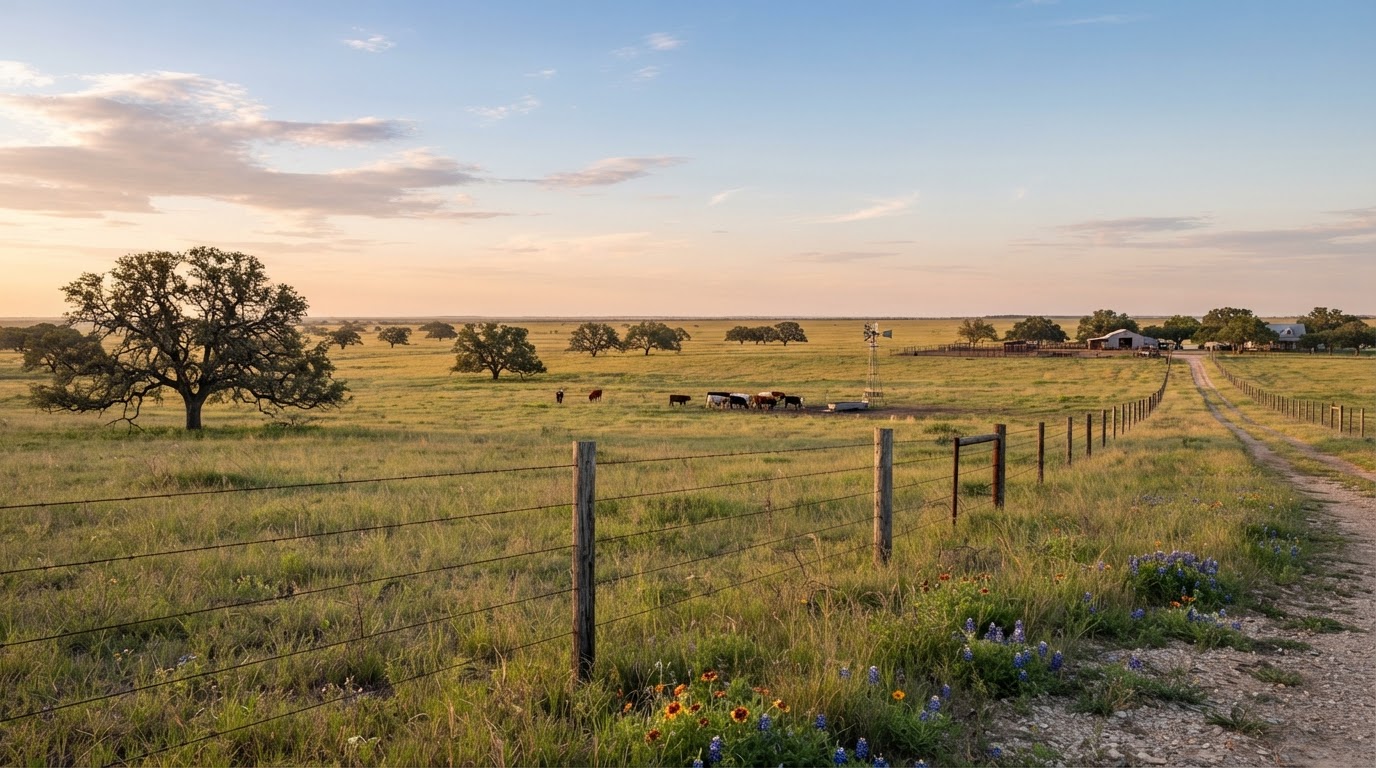 Open ranchland in the Victoria Texas coastal plains area with scattered live oaks