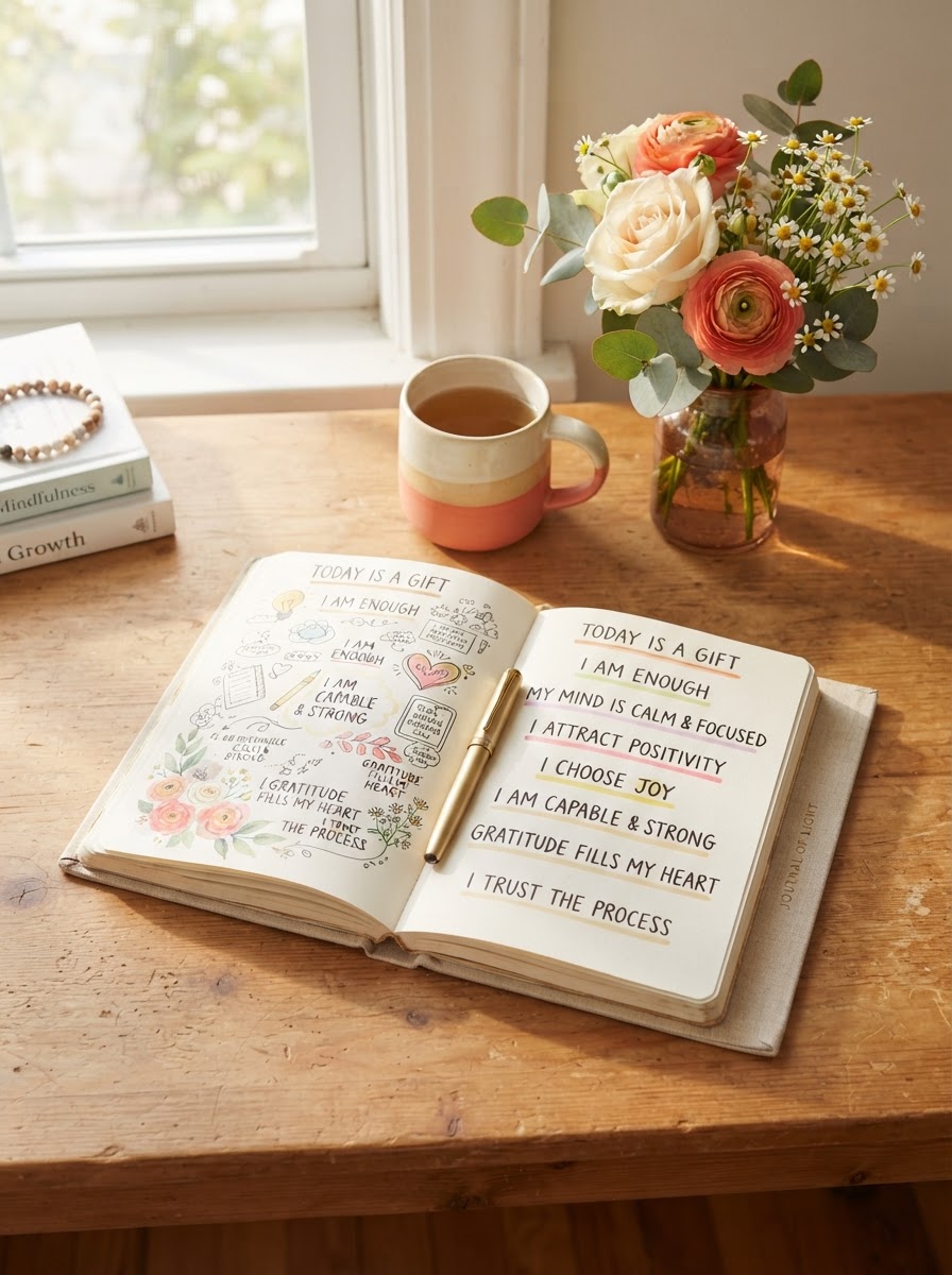 An open journal with handwritten positive affirmations in morning light