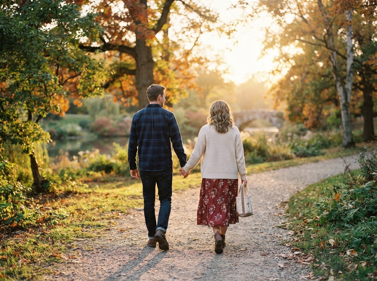 A couple walking together in a sunlit park