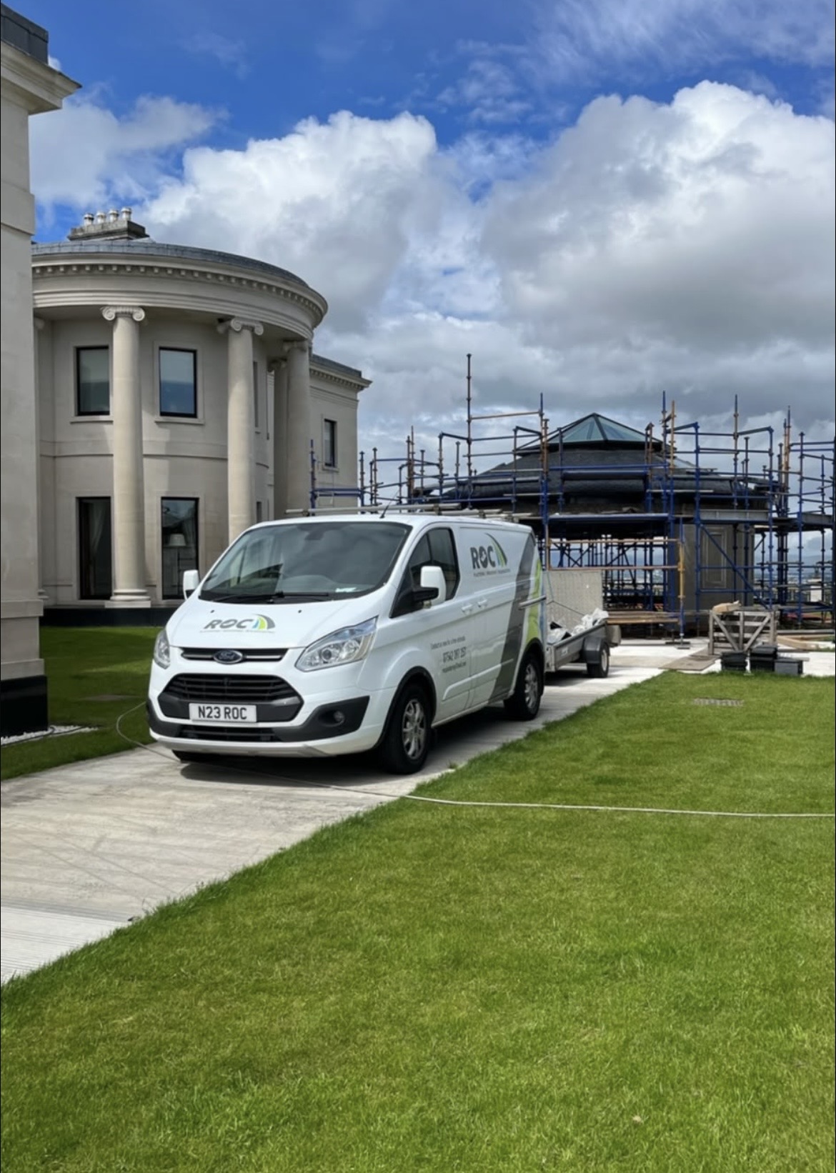 Roc Plastering trade van on site at luxury Glasgow pavilion project