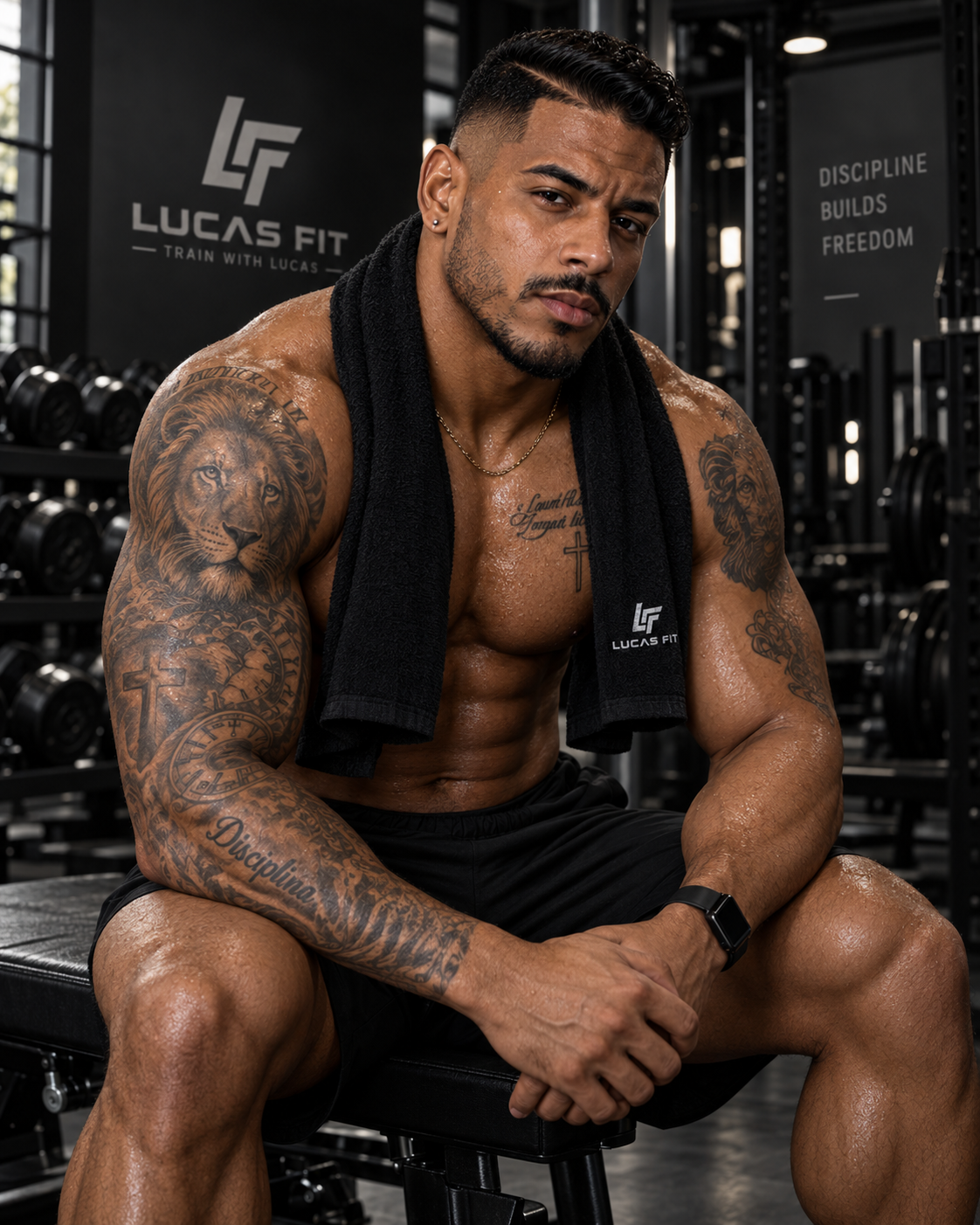 Lucas Soto on gym bench with Lucas Fit towel