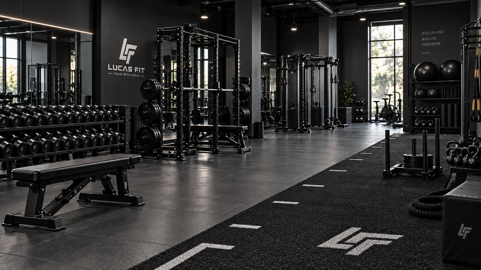 Lucas Fit private gym with power racks, functional turf and LF branding