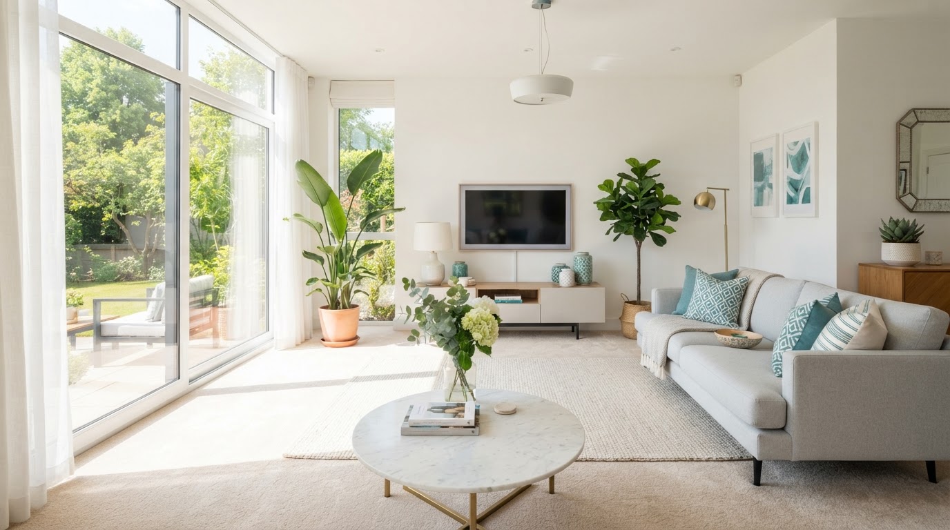 Freshly cleaned bright living room carpet by SHS Home Services