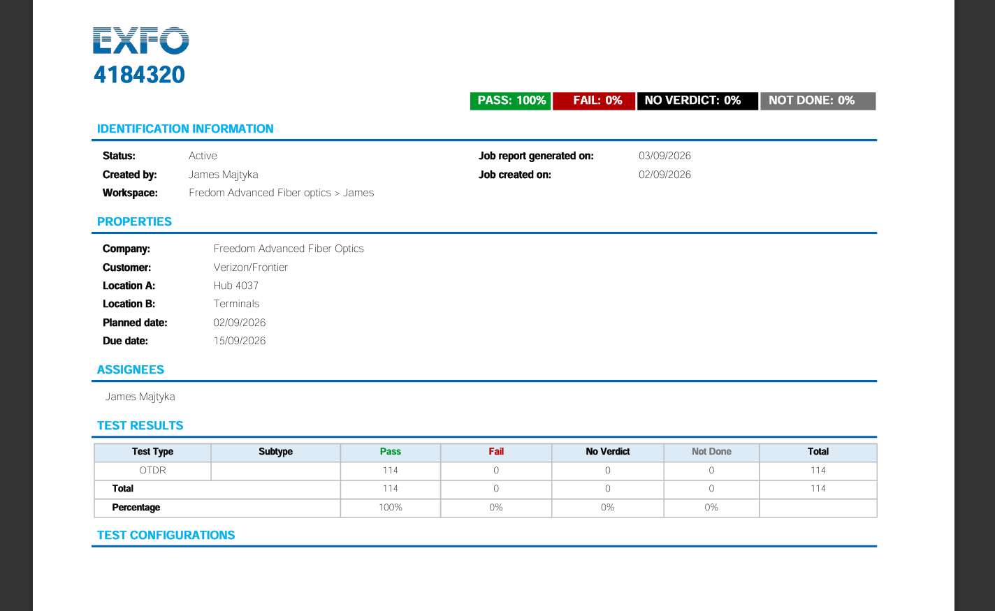 Authentic EXFO OTDR test verification report showing 100% pass rate across tested fiber lines