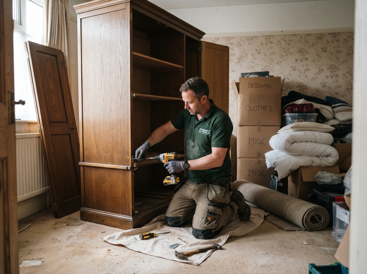 Worker dismantling a wardrobe during a furniture clearance