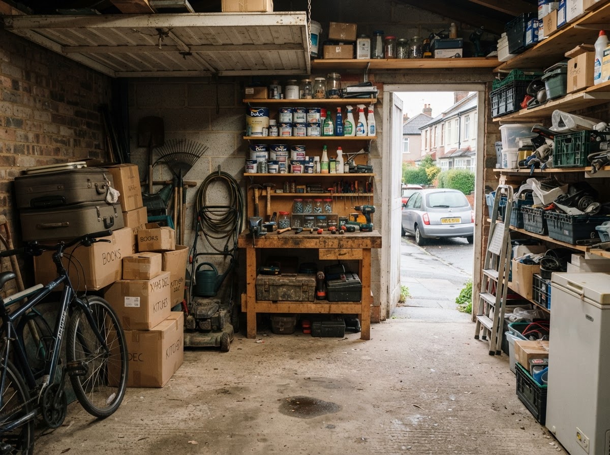 Garage filled with stored boxes, tools and household items