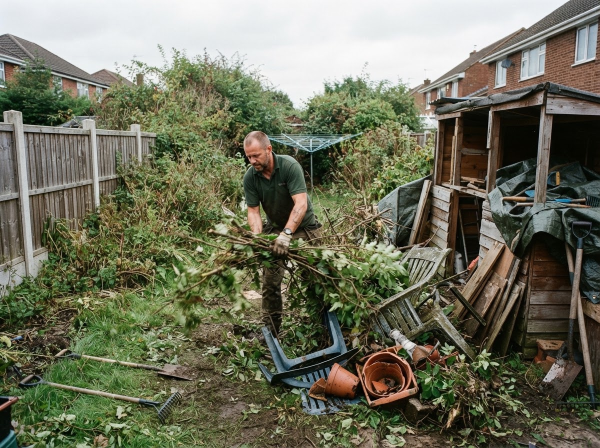 Overgrown garden with green waste and old items ready to clear