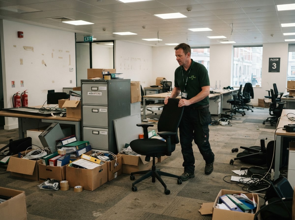 Office desks, chairs and filing cabinets being cleared