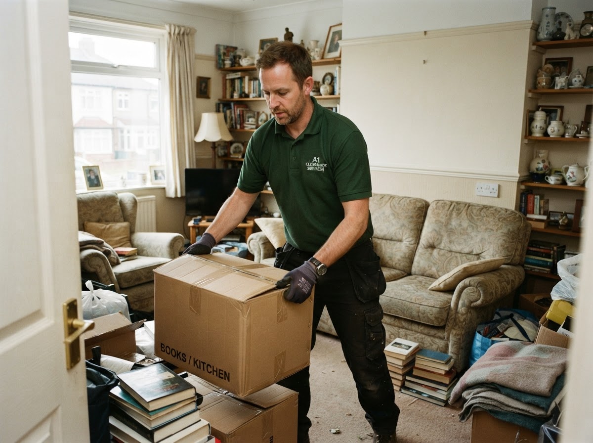 Clearance worker lifting a box during a house clearance
