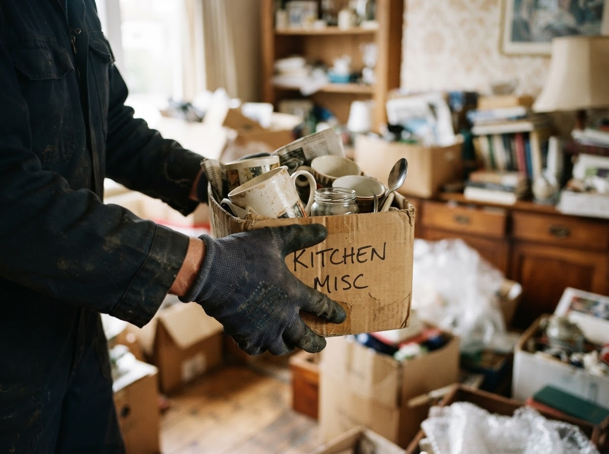 Clearance worker wearing gloves lifting a box of household items