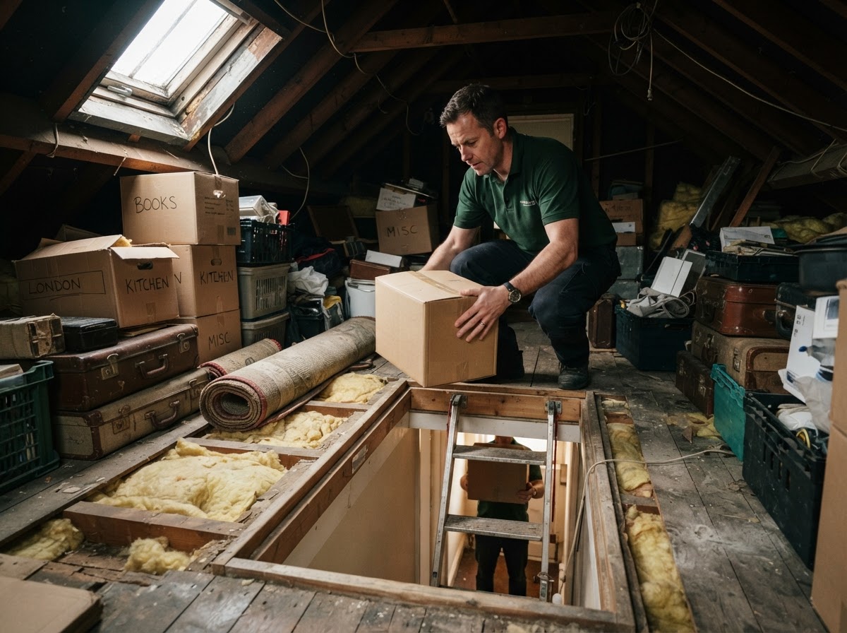 Boxes and stored belongings inside a loft being cleared