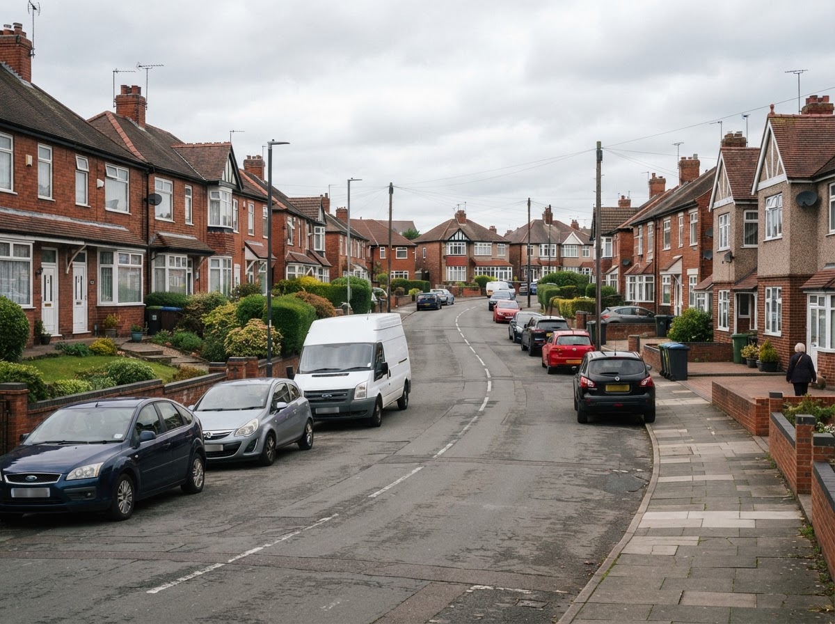 Residential street of red-brick homes in the Burntwood area