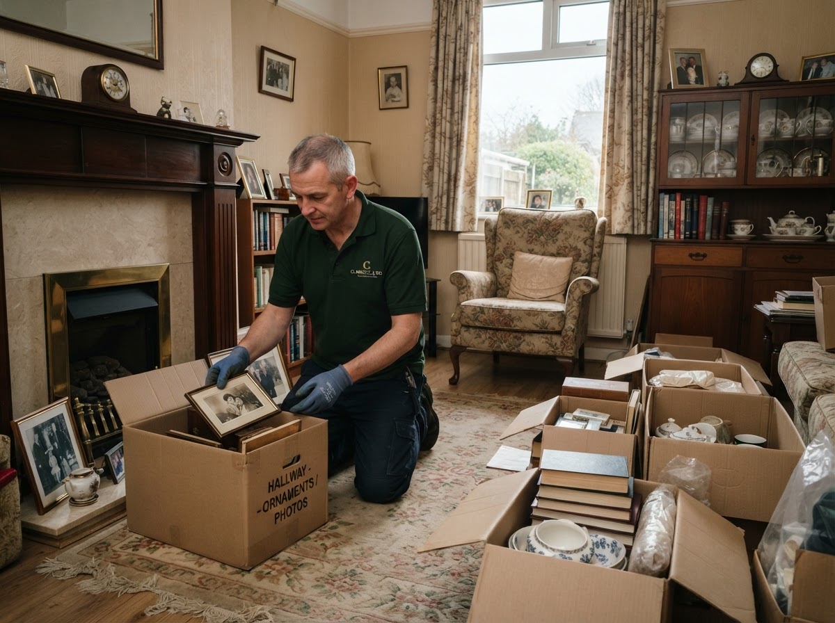 Carefully sorting belongings during a probate clearance