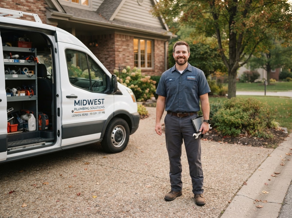 A local service professional beside a work van, ready to help a nearby customer