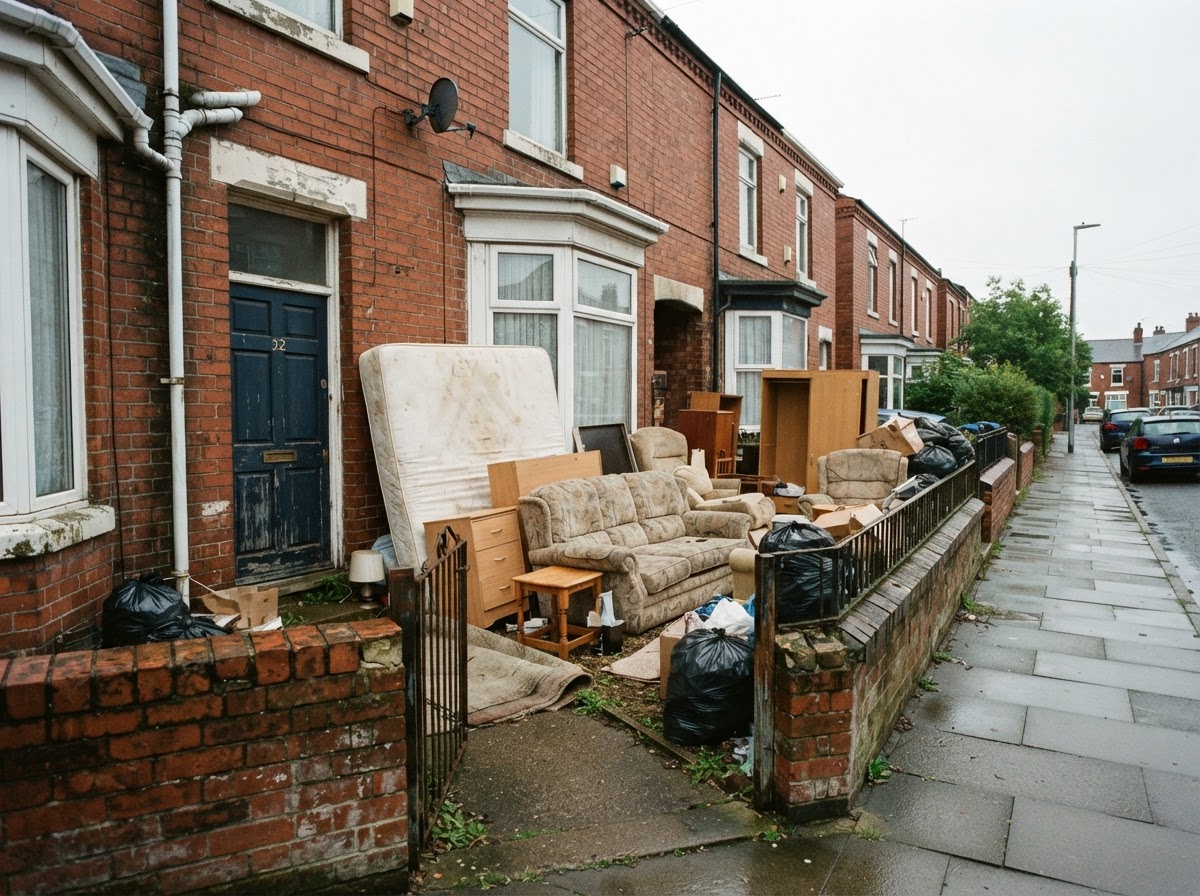 Unwanted household furniture and contents collected in a front garden ready for removal