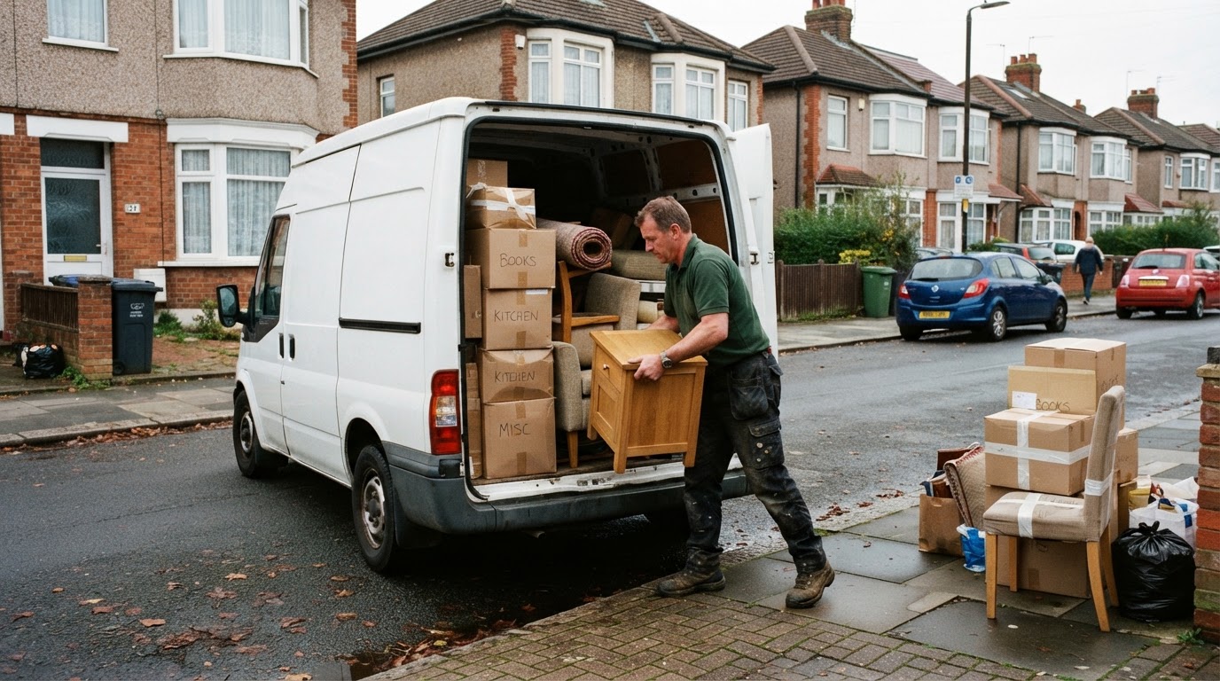 Clearance team loading furniture into the back of a panel van outside a semi-detached house