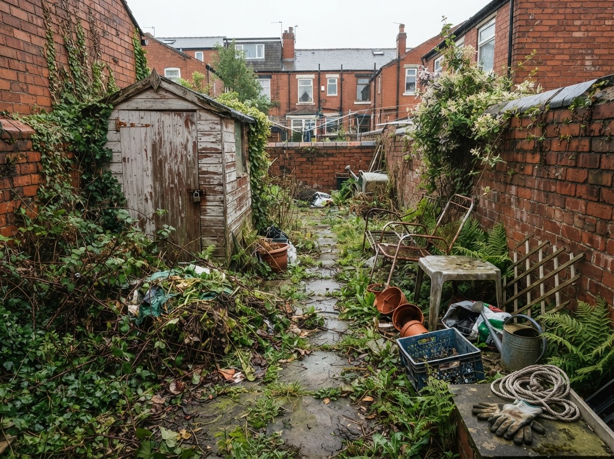 A garden with old items and green waste
